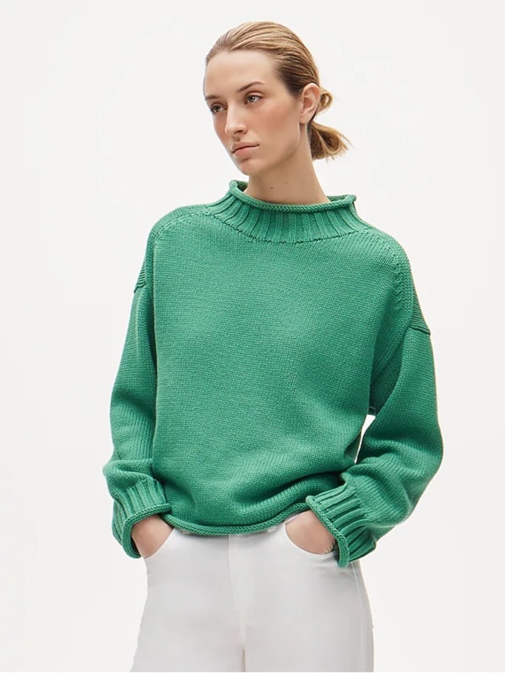 J. Crew 2025 Rollneck Sweater Mock Neck Chunky Knit Summer Yard Green Medium